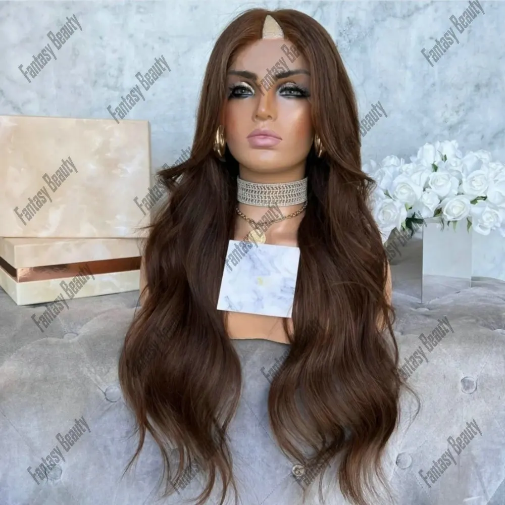 26Inch 180Density Glueless Brown Long Natural Wave V Part Wigs 100% Human Hair For Women Easy Waer U Part Wig Remy Human Hair