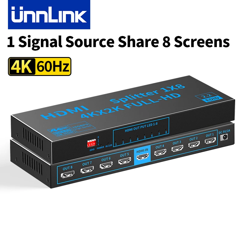 

HDMI-сплиттер Unnlink 4K 60 Гц 1x8 (1 вход, 8 выходов), поддержка совместного использования 1 источника сигнала на 8 мониторов или телевизоров