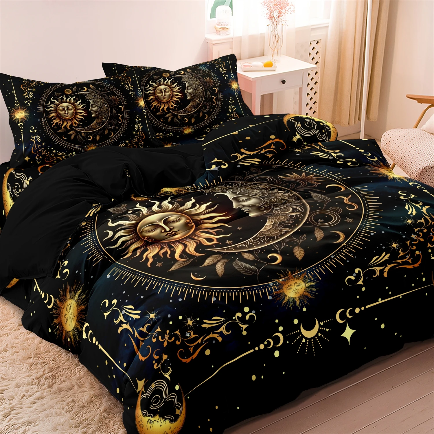 3Pcs Sun Moon Celestial Duvet Cover Set, Gothic Bohemian Bedding with Pillowcases, Soft Comfor Cover for Adult Witchy Home Decor