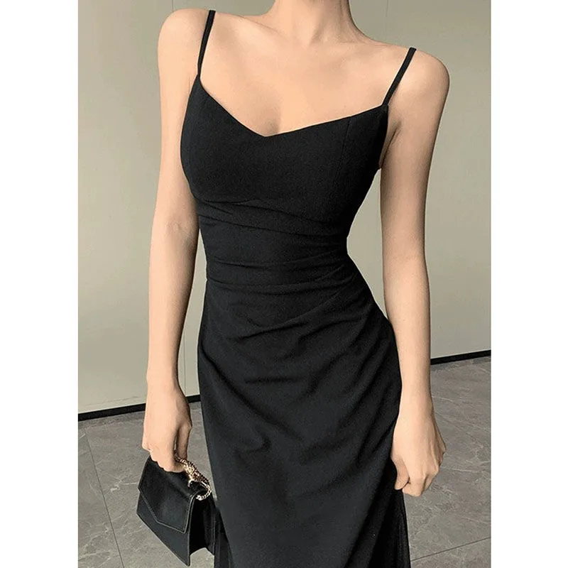 Vestido coreano de tirantes finos con cuello en V para mujer, vestidos de fiesta sexys con espalda descubierta y cintura ajustada, vestido Midi transparente negro elegante para mujer, nuevo