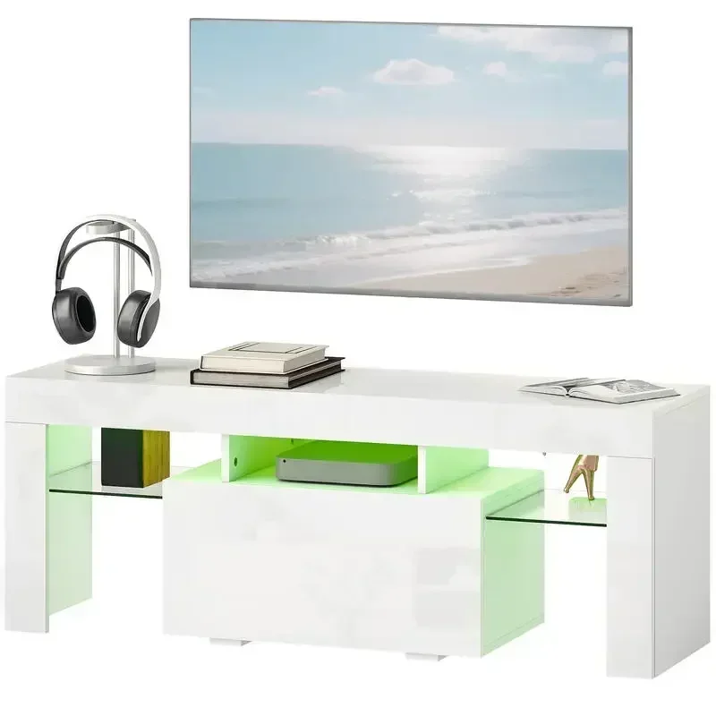 Meuble TV, meuble TV avec éclairage LED RGB, haute brillance, étagères en verre trempé, 120x34x45cm, blanc