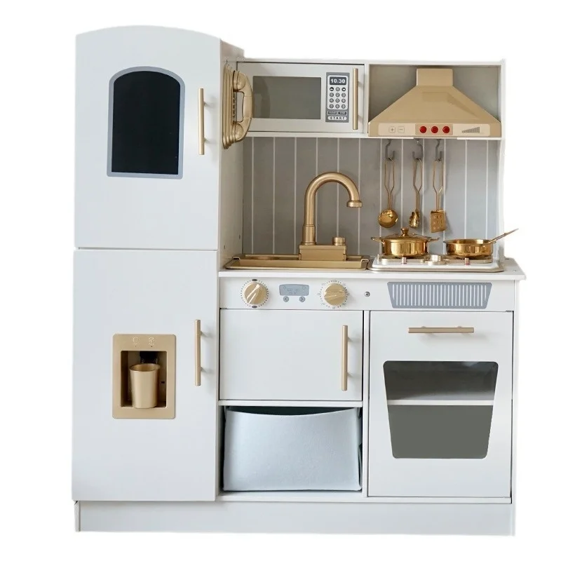 Juego de Cocina de Madera para Niños Golden Kids, Cocina de Juguete, Simulación de Casa de Juegos, Dispensador de Agua con Sonido, Divertidos Juguetes de Comida para Cocina