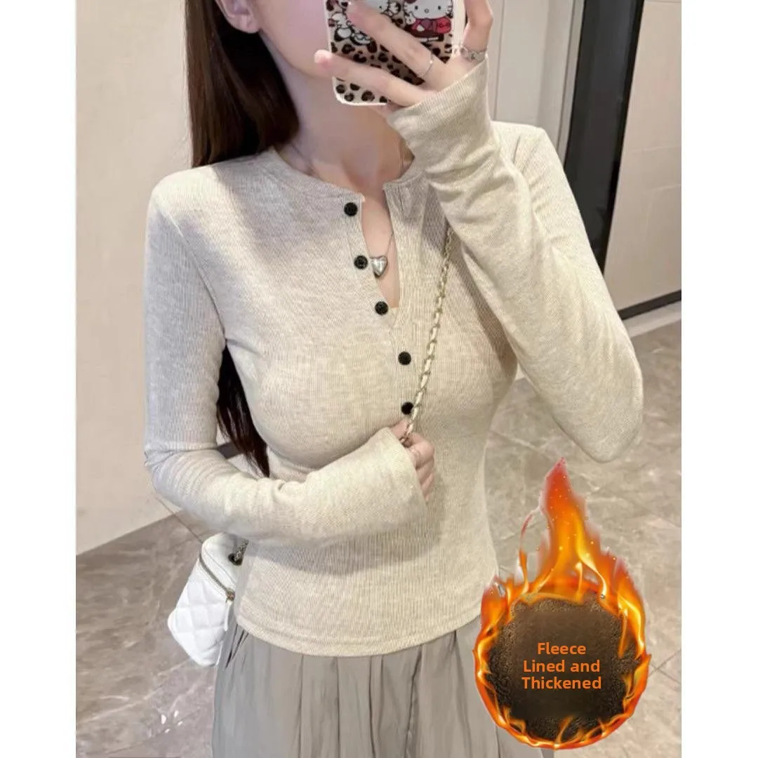 

American Sle Hot Girl Henry Collar Long Sve T-irt Women's Autumn Winter Slim Fit Waist Cinching Base irt Inner Wear