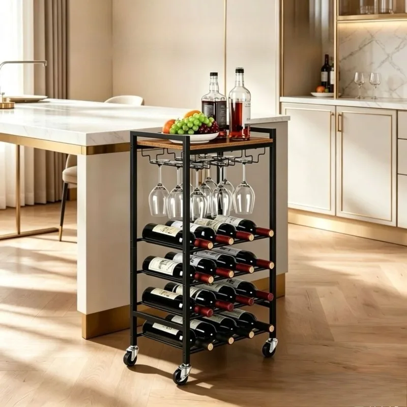 Luxury Wine Rack with Wheel Large Capacity Liquor Bottle Storage Wine Rack Tray Modern Simple Wine Holders Multi-purpose Barware