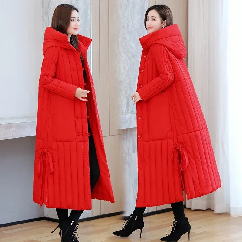 Winter 2024 New Korean Loose Women Jacket Down Cotton Long Hooded Coat Thicken Parkas Female Loose Windproof Warm Overcoat