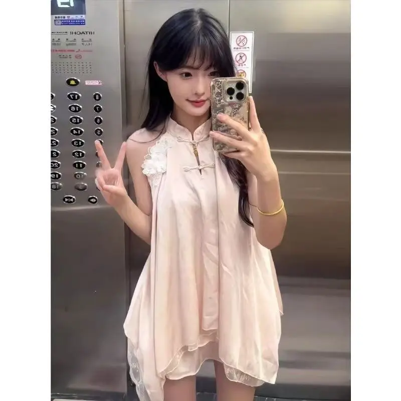 New Style Button up Stand Collar Sleeveless Asymmetrical Loose Top Short Skirt Two Piece Set for Women Beautiful Casual Wear