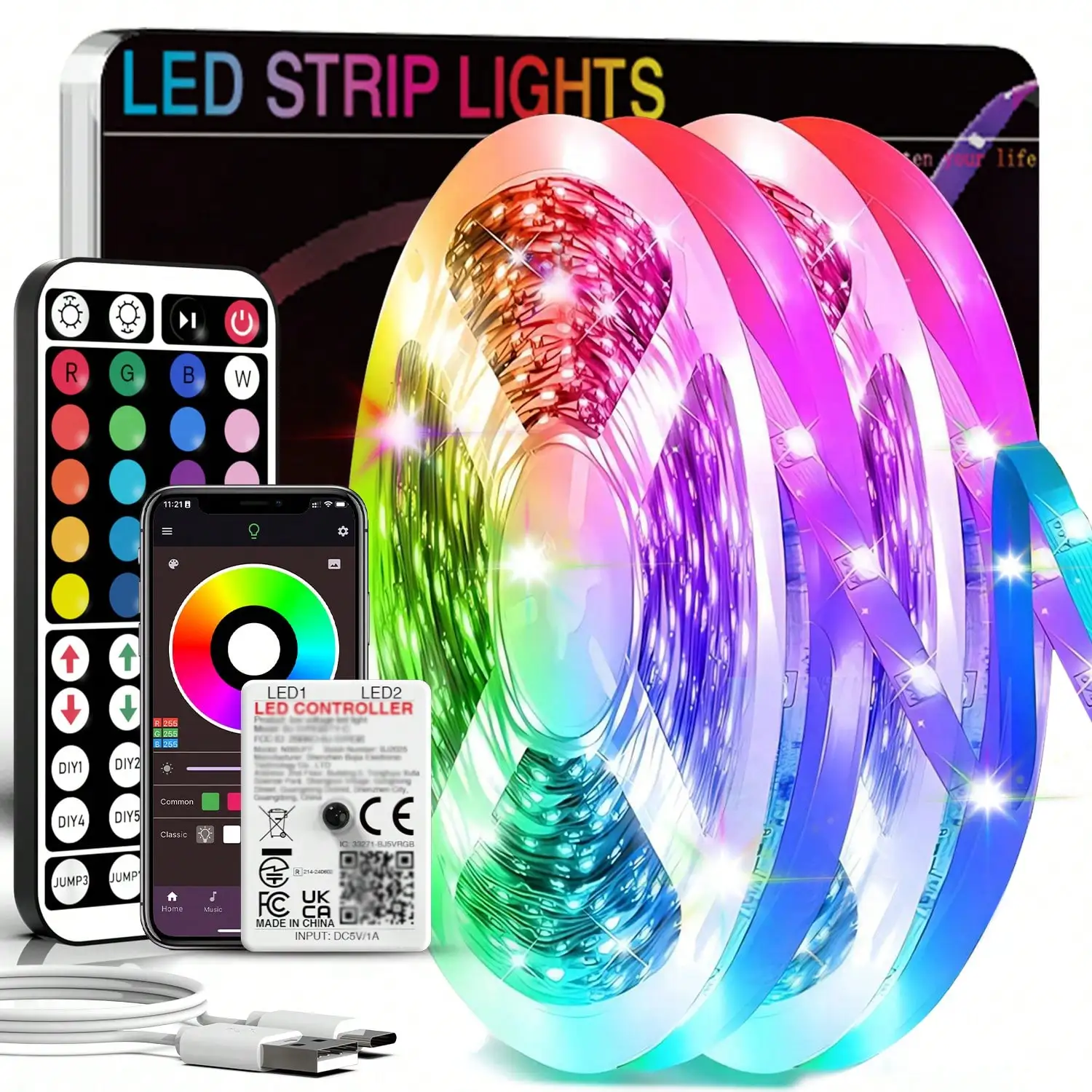 

NBBUFF 3ft To 100ft LED Strip Lights, Suitable For Room Decoration, Equipped With 44-Key Remote Control And App Control, Color Changing Sync With Music, Timing Setting, Dimmable, Applicable For Bedroom, Living Room, Game Room, Kitchen, TV Backlight, Holid