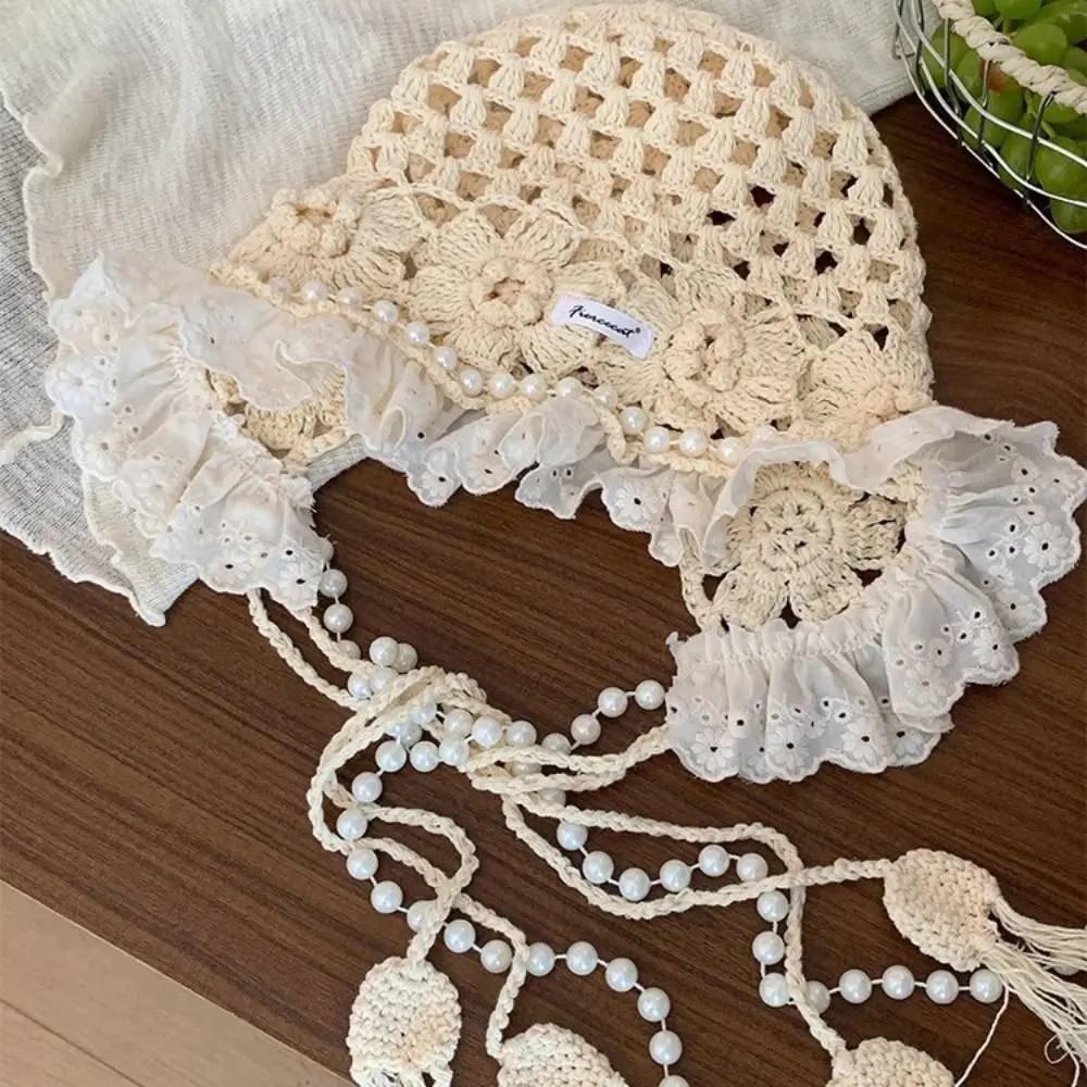 

Fashion Pearl Tassels Crochet Flower Knitted Hat Hollow Out Thin Knit Cap Bohemian Style Korean Weave Cap Girls
