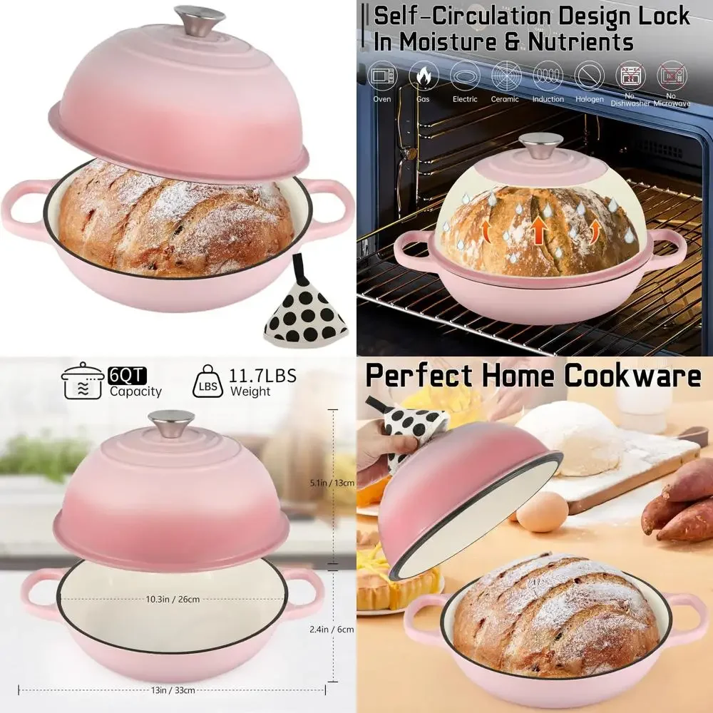 

10 Pink Enamel Cast Iron Dutch Oven with Lid & Cotton Potholder, 6-Quart Bread Baking Pan, Non-stick for Homemade Bread
