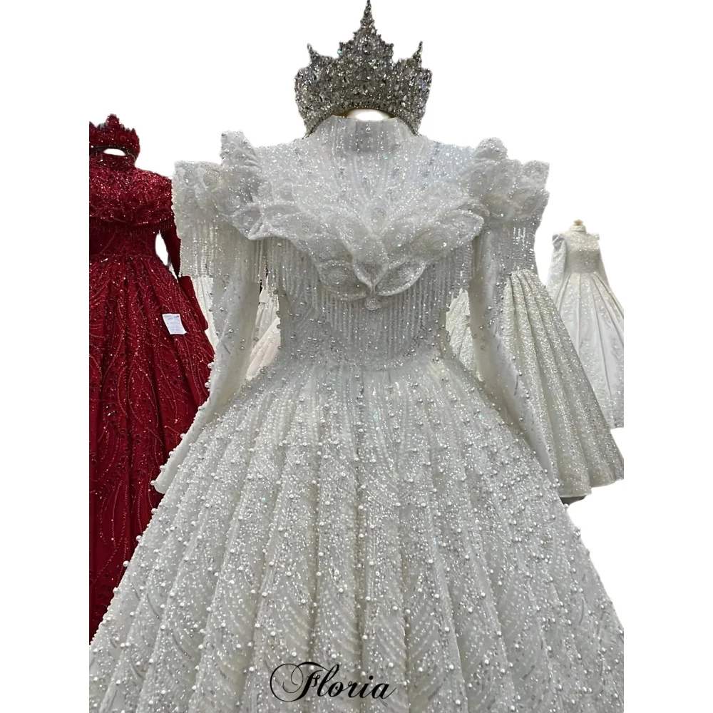 Weiße Hochzeitskleider für Muslime im Nahen Osten, elegante Brautkleider mit langen Ärmeln und Perlen, Brautkleider, Vestido Blanco, individuell gestaltet
