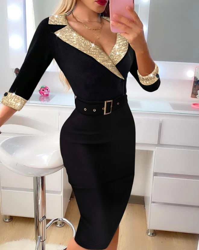 Elegant Evening Party Dresses for Women Contrast Sequin Eyelet Buckled Bodycon Dress 2023 Autumn Spring New Fashion Casual