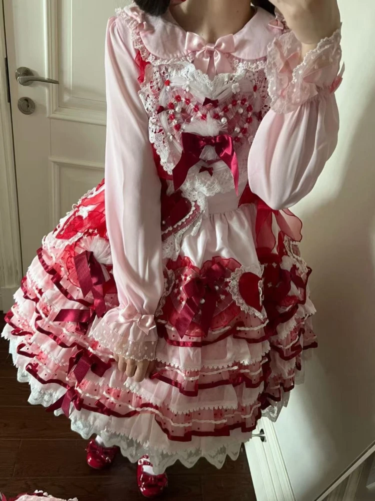 달콤한 로리타 느슨한 레이스 보우 긴 소매 쉬폰 셔츠 여성 일본 카와이 러블리 패치 워크 티셔츠 패션 예쁜 옷