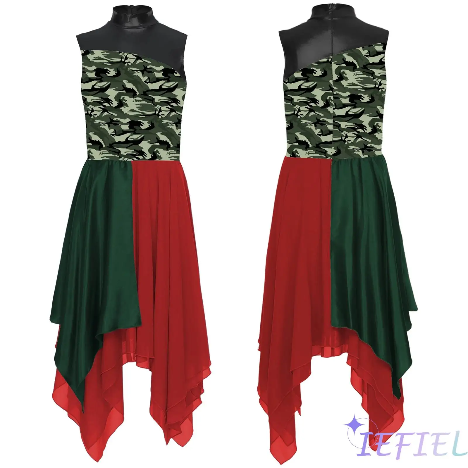

Womens Worship Praise Lyrical Dance Dress Irregular Chiffon Hem Sleeveless Print Patchwork Color Block Dress Dancewear