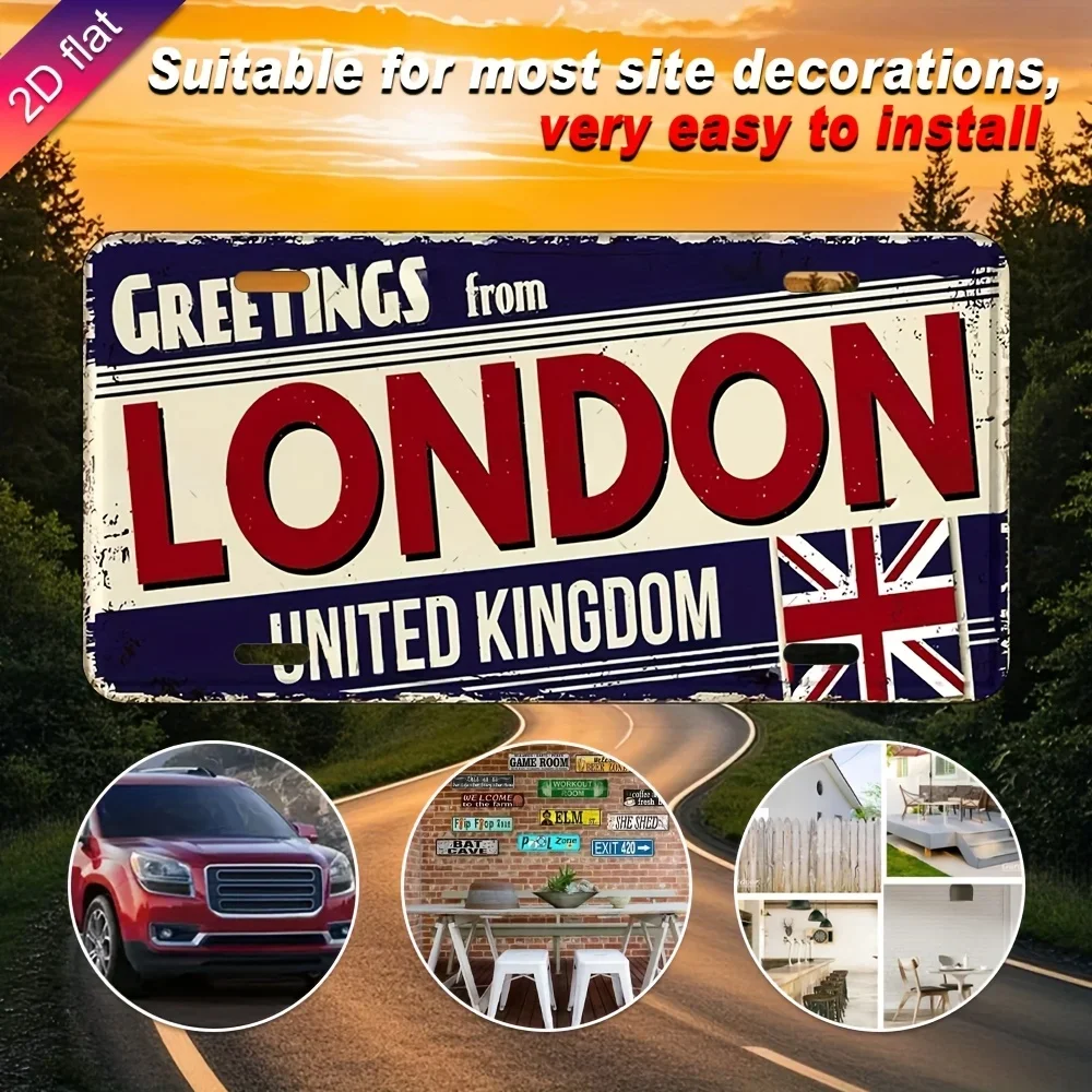 Greetings from London United Kingdom Union Jack Vintage License Plate Style Aluminum Metal Sign Retro British Travel Souvenir Wa