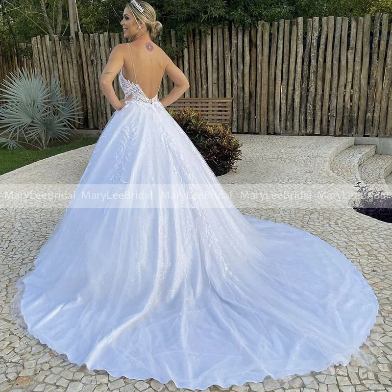 Vestido de novia con tirantes finos y purpurina, con escote en V profundo, corpiño transparente con apliques de encaje, blanco brillante, 2023