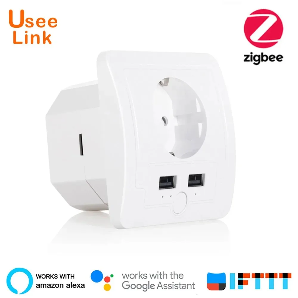 

Tuya EU Wall Power Socket Electrical Outlet 16A Dual USB Port Voice Control Works Whit Alexa Google Home Alice 80mm*80mm