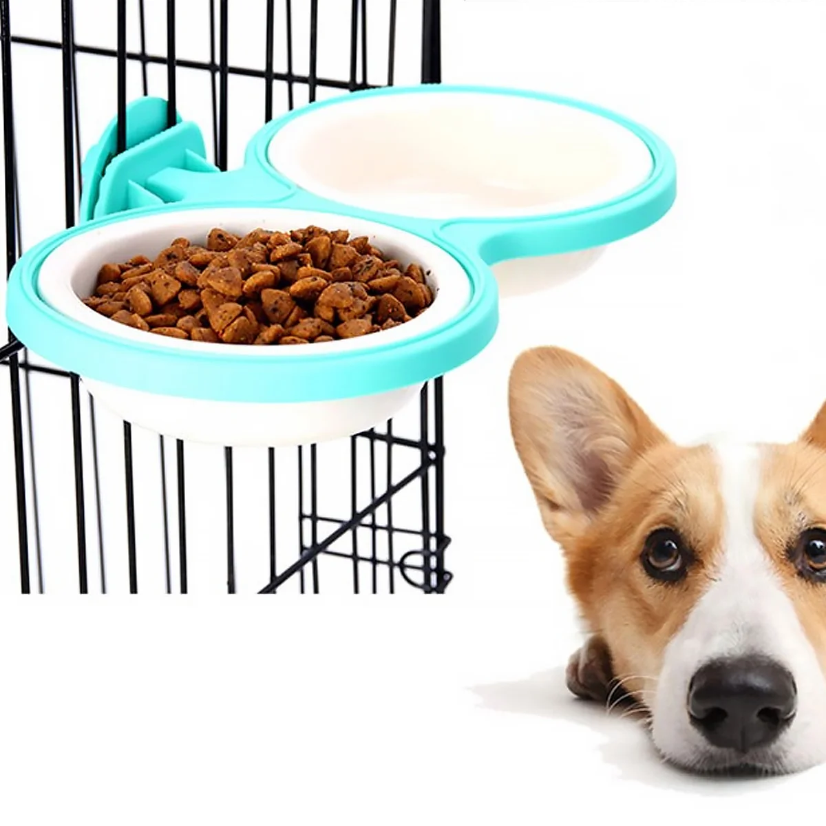 1PC Hanging Pet Double Bowls Pet Water Food Feeder Feeding Bowl for Cat Dog Cage - Size L ( Blue)