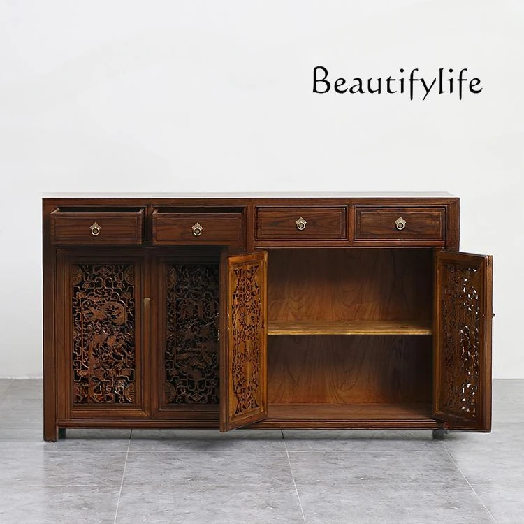 In Chinese Antique Style Solid Wood Furniture Cutout Carvings Shoe Cabinet Classical Hallway Dining Side Storage Cabinet