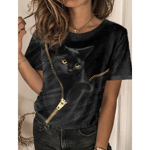 Imagen 1 del producto Camiseta de moda para mujer, camisetas con estampado de gato Kawaii en 3D, camisetas nuevas de manga corta de animales Harujuku, ropa holgada de gran tamaño para mujer 2024