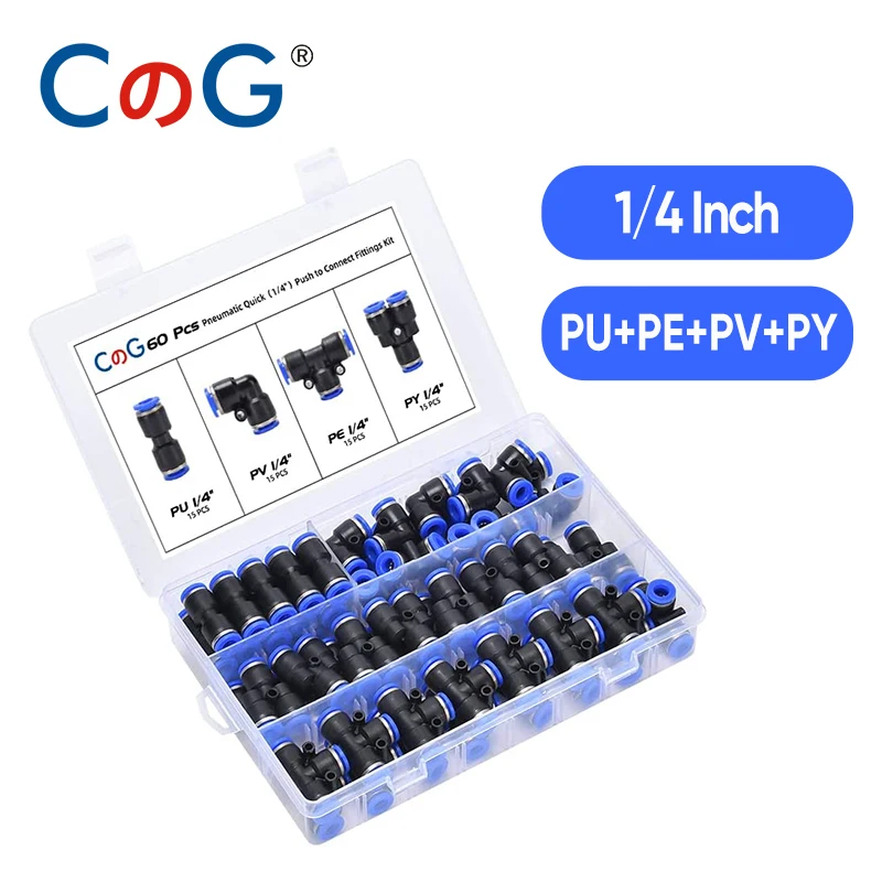 CG 60Pcs/Box Set Air Hose Connector 1/4 Inch OD PU+PE+PV+PY Air Pipe Tube Quick Release Pneumatic Push to Connect Fittings Kit