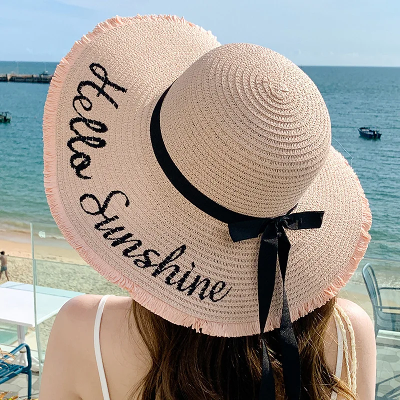 New Women Summer Beach Straw Hat Korean Seaside Brim Sunblock Sunshade Holiday Fashion Big Cool Bow Hat