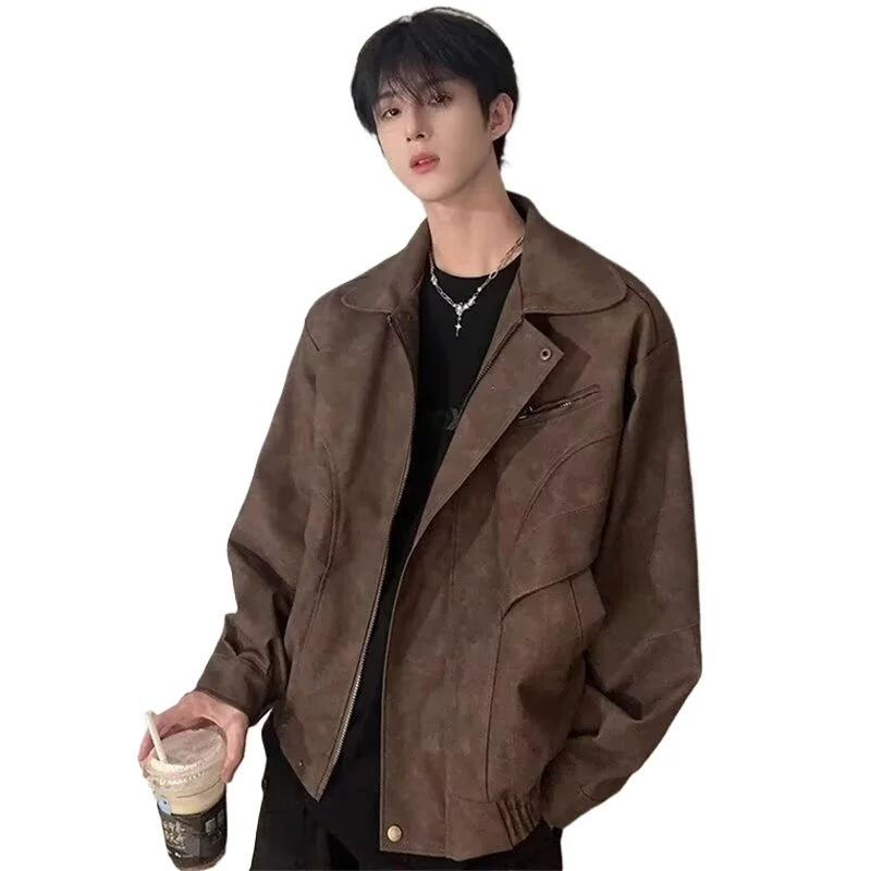 High-grade Sense of Baggy Lapel Handsome Biker Jacket Men's American High Street Trend Spring  Autumn Vintage Brown Leather Coat