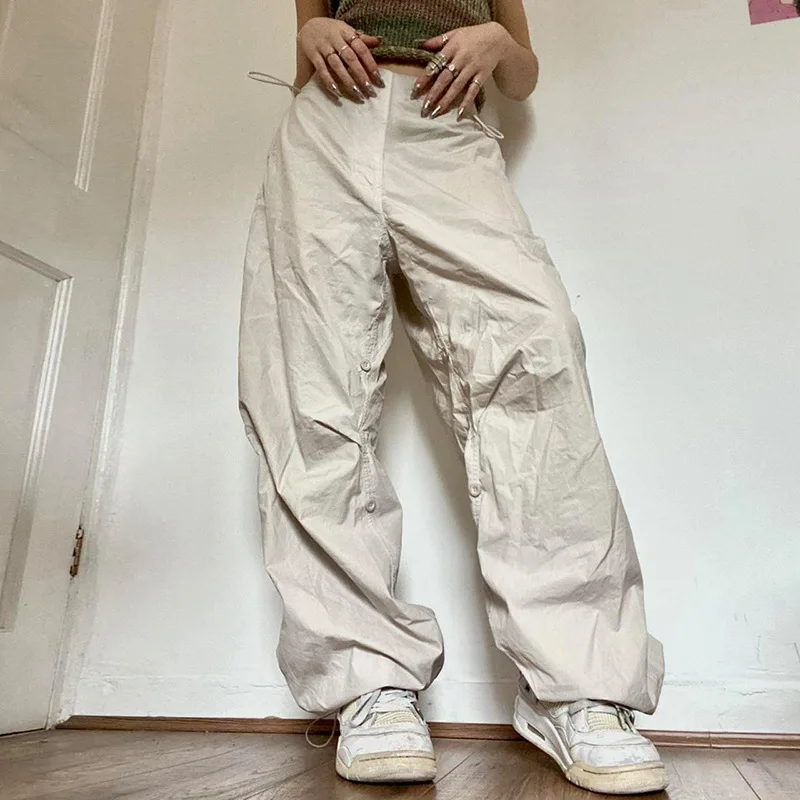 

Cargo Ankle Length Pants Women Spliced Wide Leg Pant Solid Loose Fit High Waist Capris Casual Pockets Vintage Streetwear