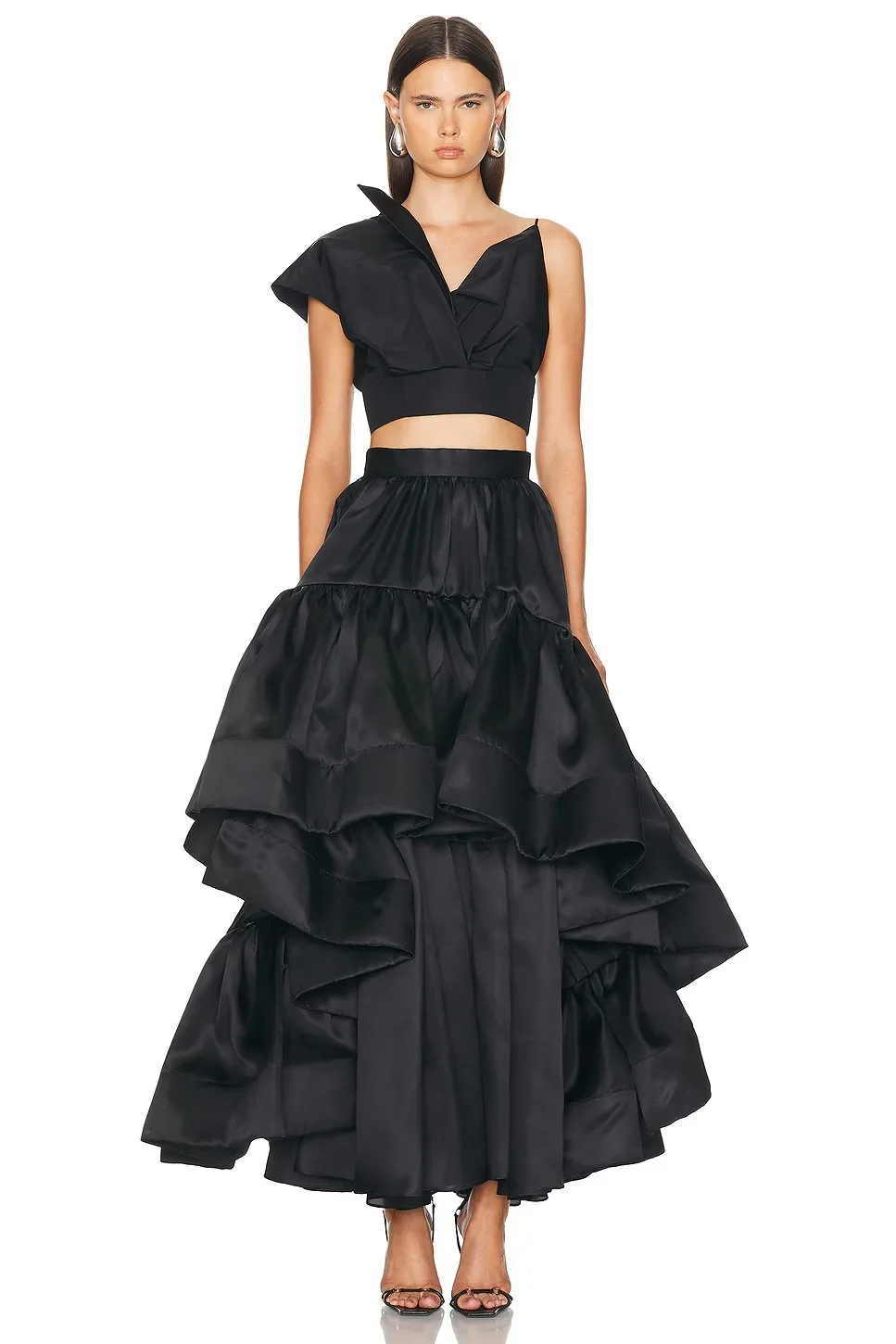 New Couture Black Ankle Length Skirt With Asymmetrical Ruched Details Ankle Length Women Skirt With Pockets