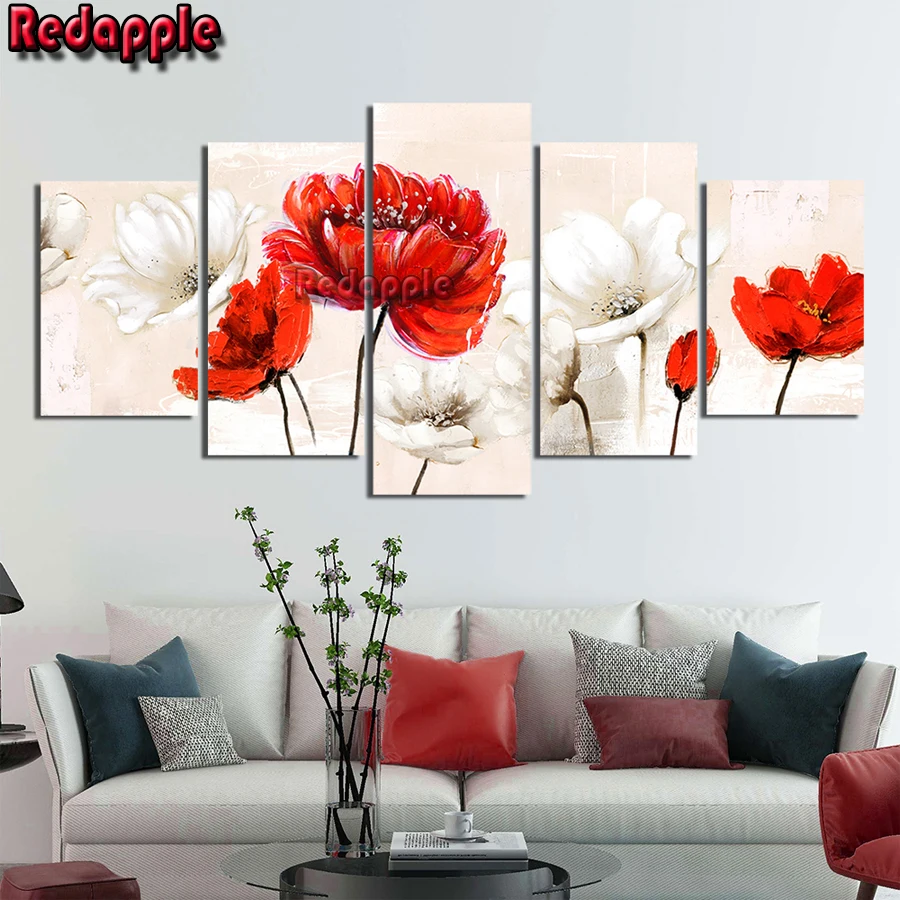 

Full Drill Square Diamond Painting, Flower Cross Stitch Kit, DIY Mosaic Wall Art Gift, Red and White Poppy Embroidery, 5D, 5Pcs