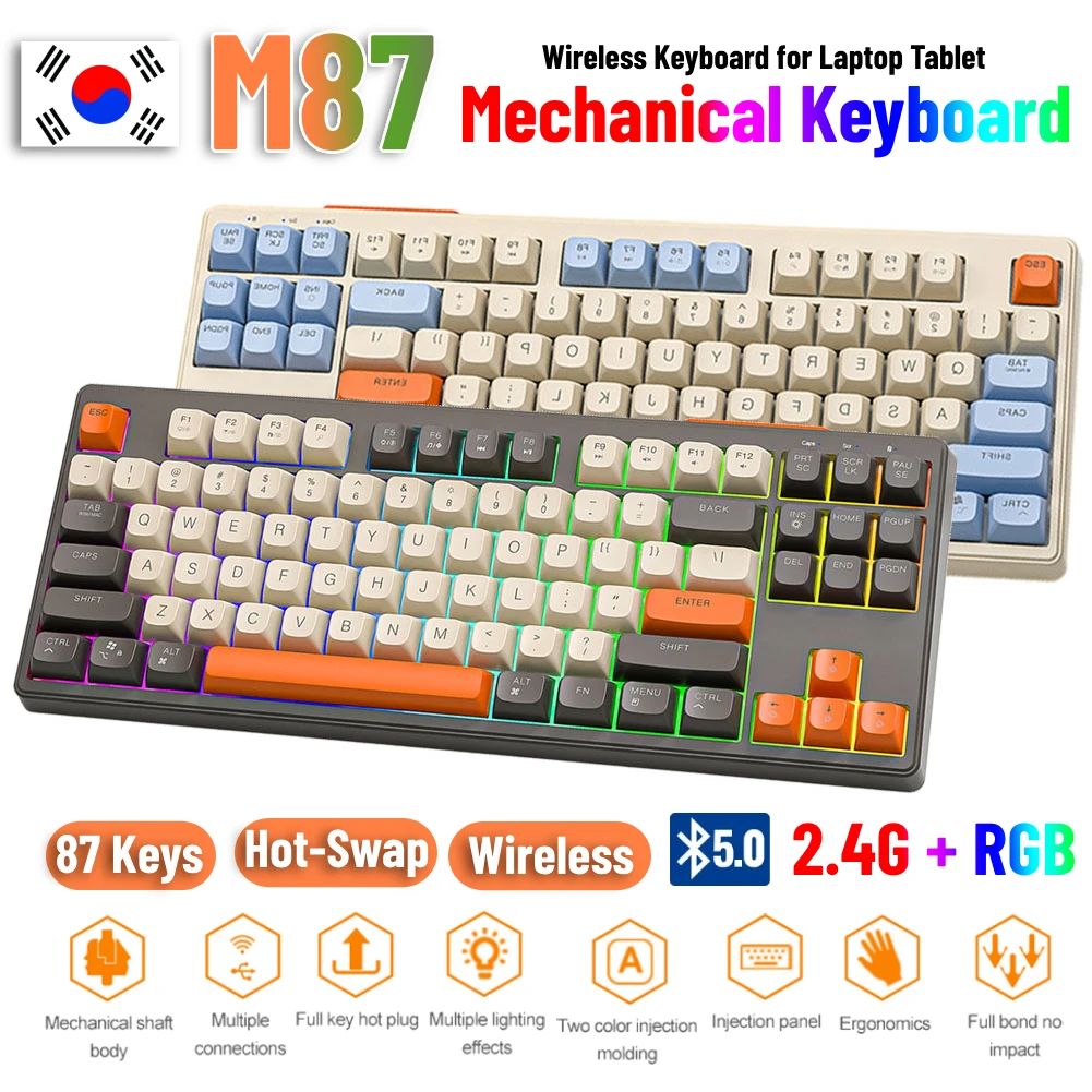 

M87 Hot-Swappable Keyboard 87 Key Wireless Keyboard 2.4G+BT5.0+RGB Hot-Swappable Gaming Keyboard Type-C Backlight Gamer Keyboard