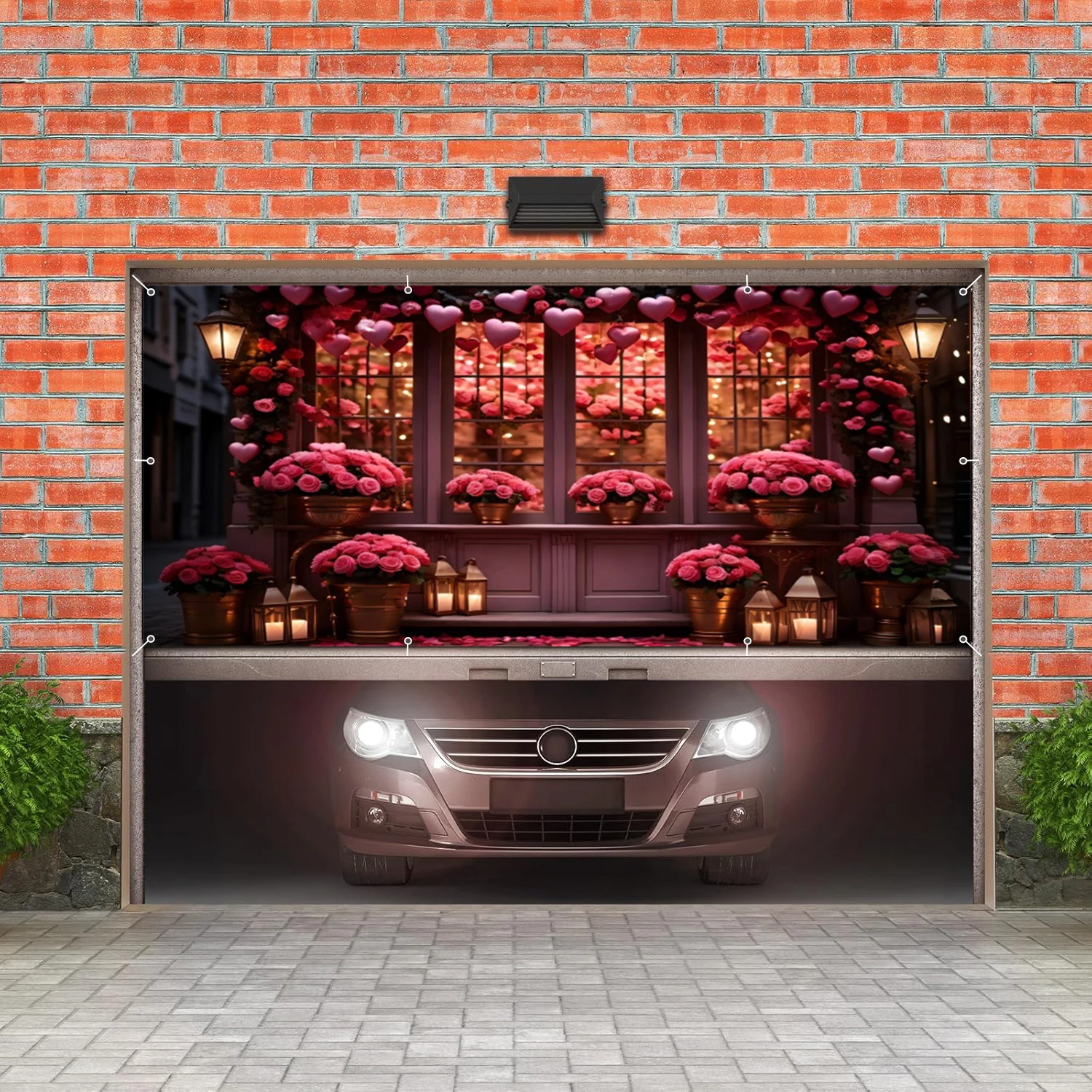 วันวาเลนไทน์ร้านดอกไม้โรงรถผนังพื้นหลังดอกกุหลาบสีชมพูประกายบ้านโรงรถกรอบประตูสําหรับกลางแจ้ง Home Courtyard Decor