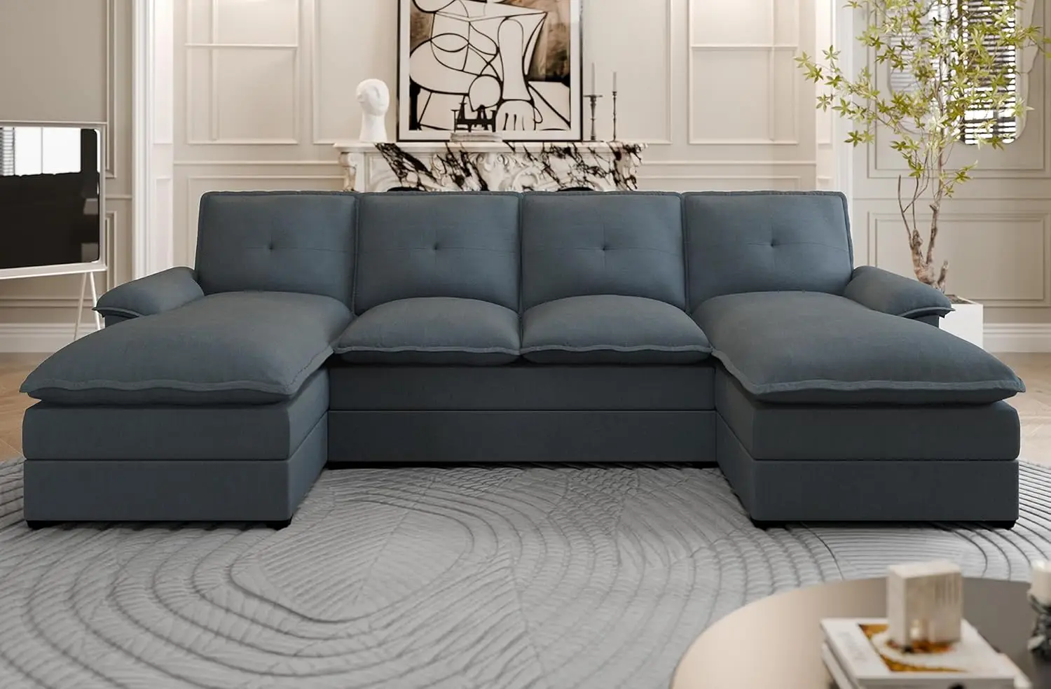 

U Shaped Sectional Couch, 4-Seater with Double Chaise, Deep Seat, Thick Cushion, Soft Backrest, Dark Gray