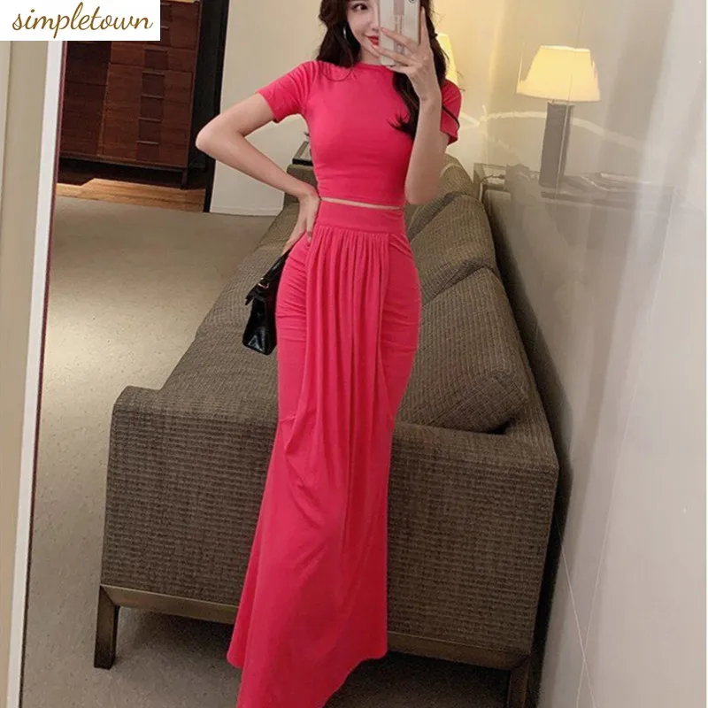 Fashion set for women's summer new light mature style goddess sexy tight top+sexy pleated fishtail slimming long skirt