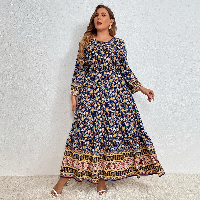 Plus Size Women's Ankle Length Long Dress Cotton Bohemian Style Floral Oversized Clothing for Women Dress Long Sleeve