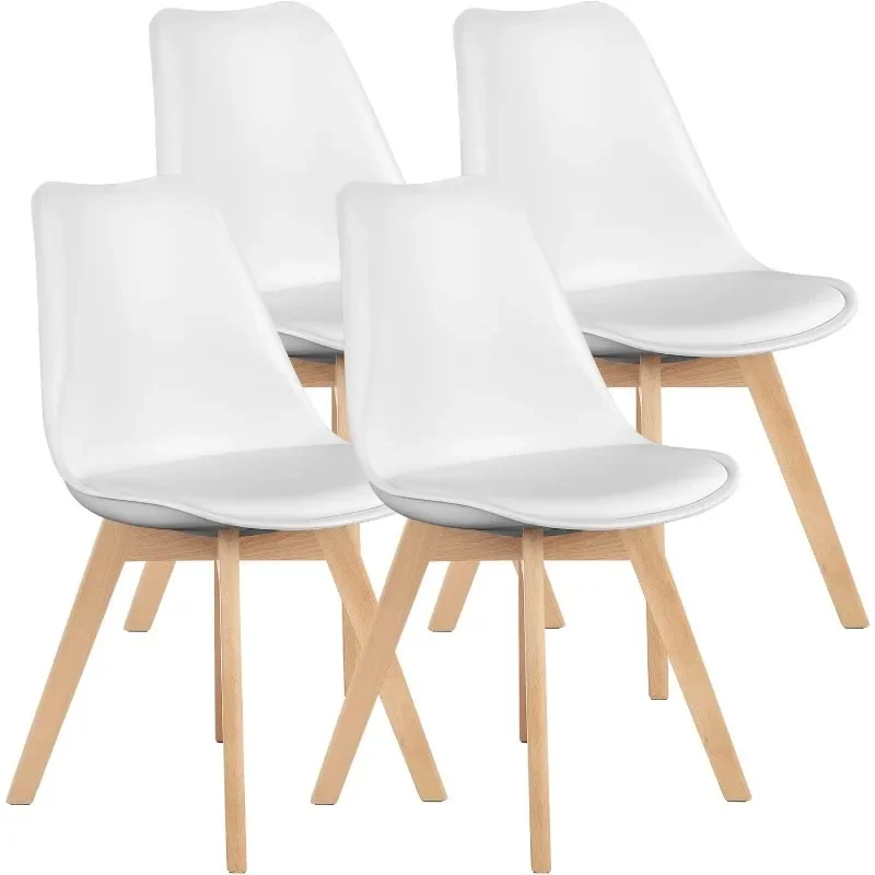 Dining Chairs Set of 4, Mid-Century Modern Dining Chairs with Wood Legs and PU Leather Cushion, Kitchen Chairs, White