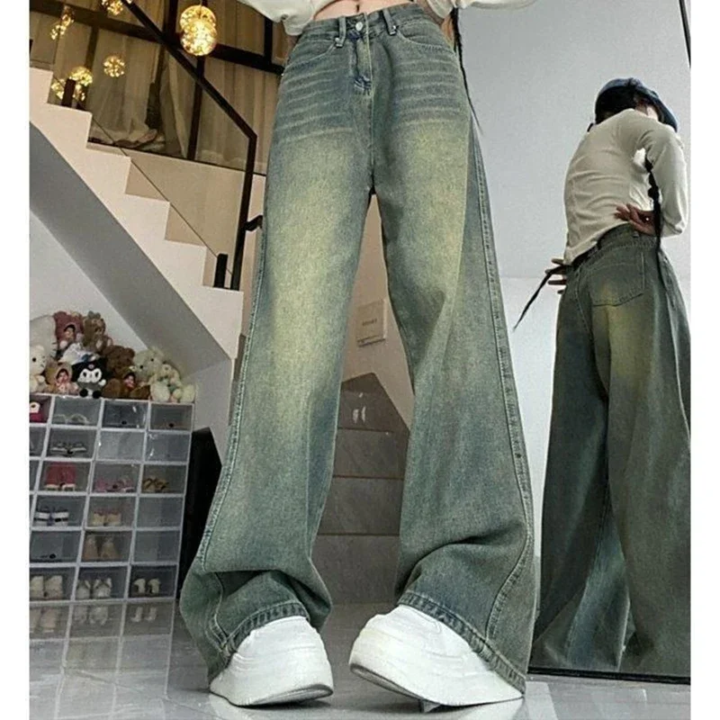 2024 Woman High Waist Elegant Baggy Aesthetic Jeans Lady Vintage Y2k 2000s Wide Leg Pants Girls Harajuku 90s Blue Denim Trousers