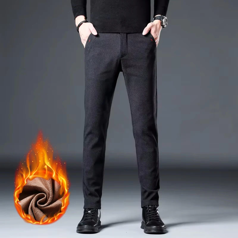 3 Colors Fleece Business Casual Pants Men Winter Thermal Fashion Youth Slim Trousers Stretch Straight Velvet Thicke Male Pants