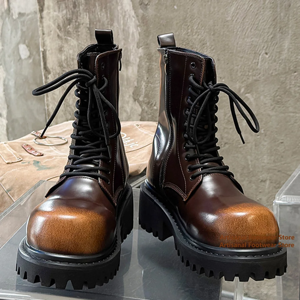 

High-Top Thick-Soled Men's Boots Inner Height Increasing Workwear Leather Boots Designer Motorcycle Trendy Handmade Men's Boots