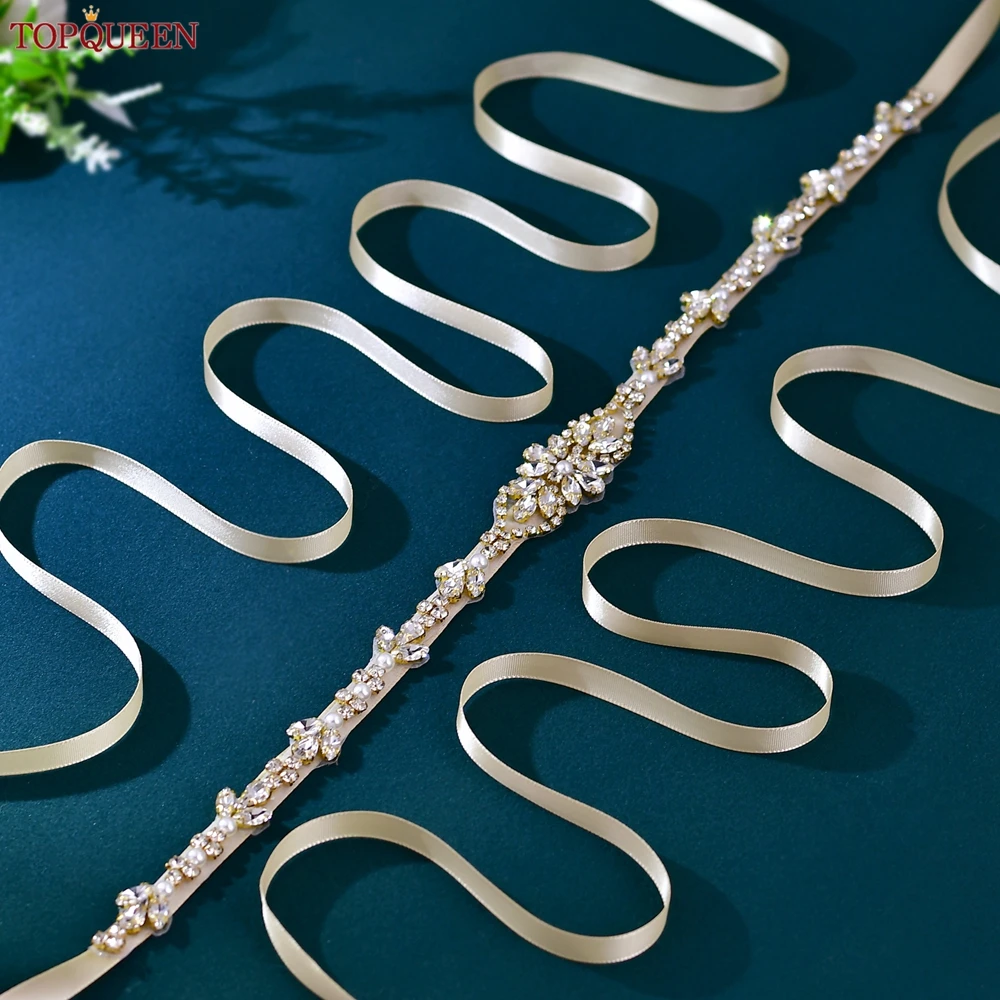 TOPQUEEN Golden Stone Bridal Thin Belt Evening Gown Tie Belt Wedding Belt Handmade Diamond Applique Bridesmaid Belt S09-G