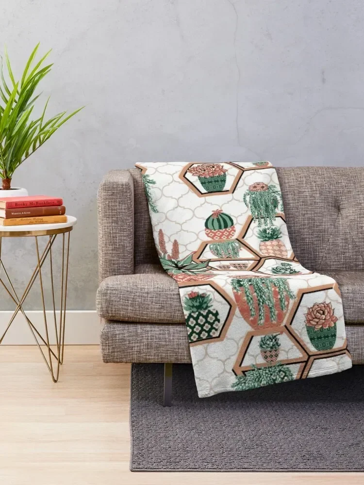 Cacti and Succulent Hexagon Moroccan Garden Throw Blanket Decorative Throw Retros Thermal Blankets