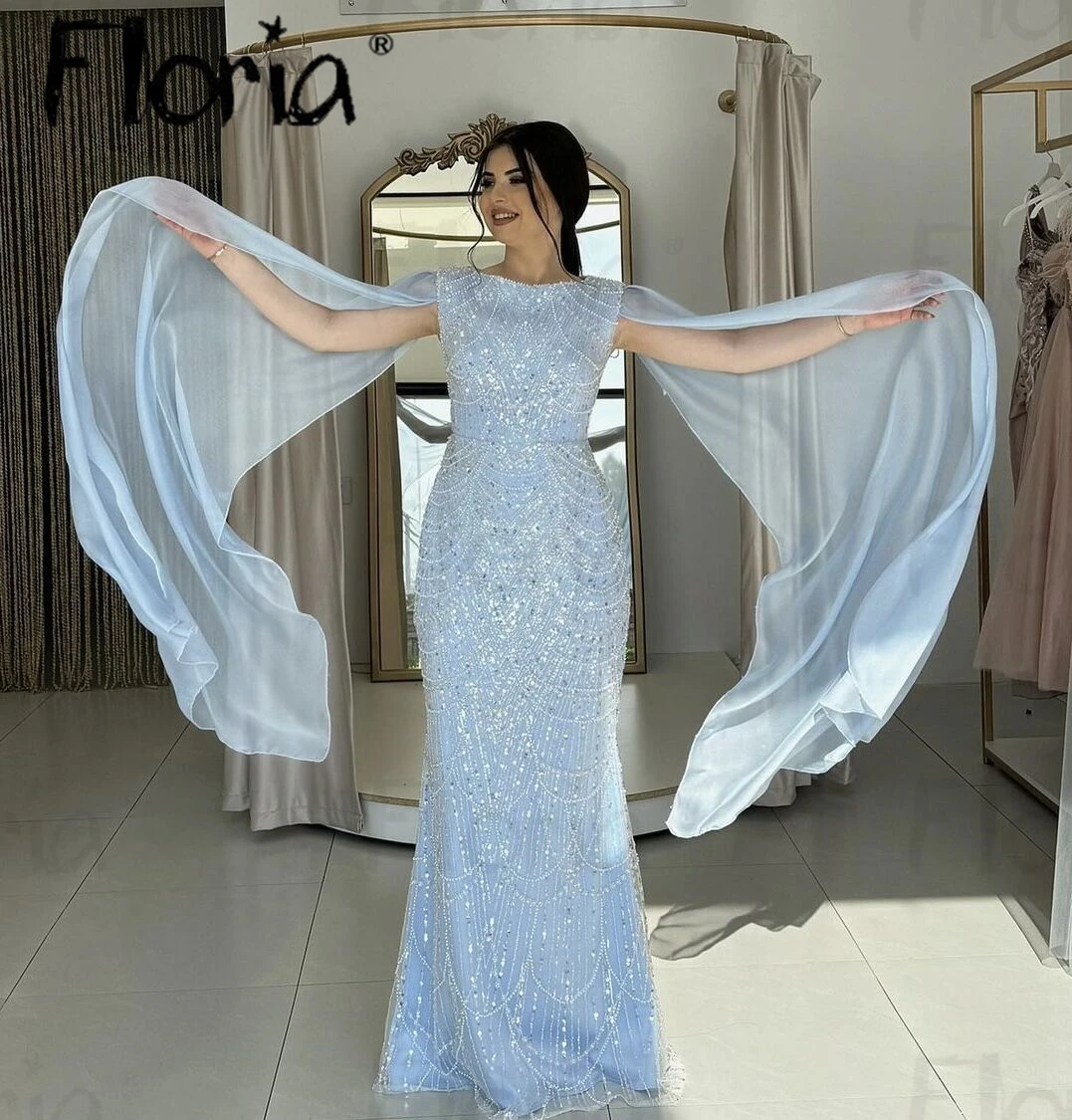 Elegant Long Cape Sleeve Sky Blue Evening Dress O Neck Beaded Sheath Dress For Wedding Party Fashion Host Dress Dubai Custom