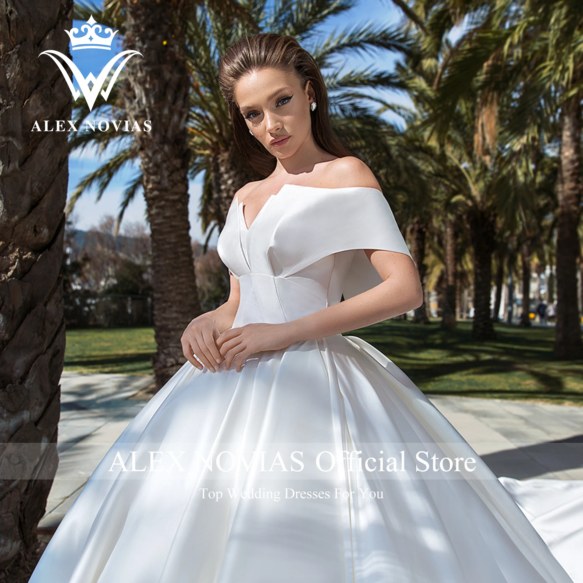 ALEX NOVIAS ชุดไปงานเต้นรำซาตินชุดแต่งงาน2023 Vintage Off Shoulder เรือคอ Cathedral รถไฟชุดเจ้าสาว Vestidos De Novia