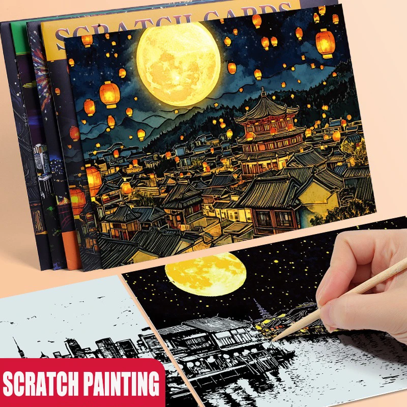 4 Pcs/set A4 DIY Scratch Painting Urban Architectural Landscape Scenery Character Illustration Night View Scratch Painting Toys