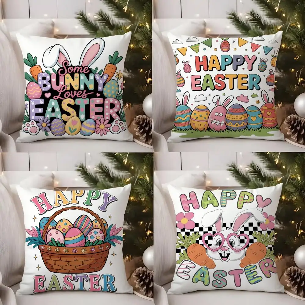 

Happy Easter Cartoon Cute Cushion Cover Short Plush Double-sided Print Square Throw Pillow Covers Sofa Home Cushion Decor