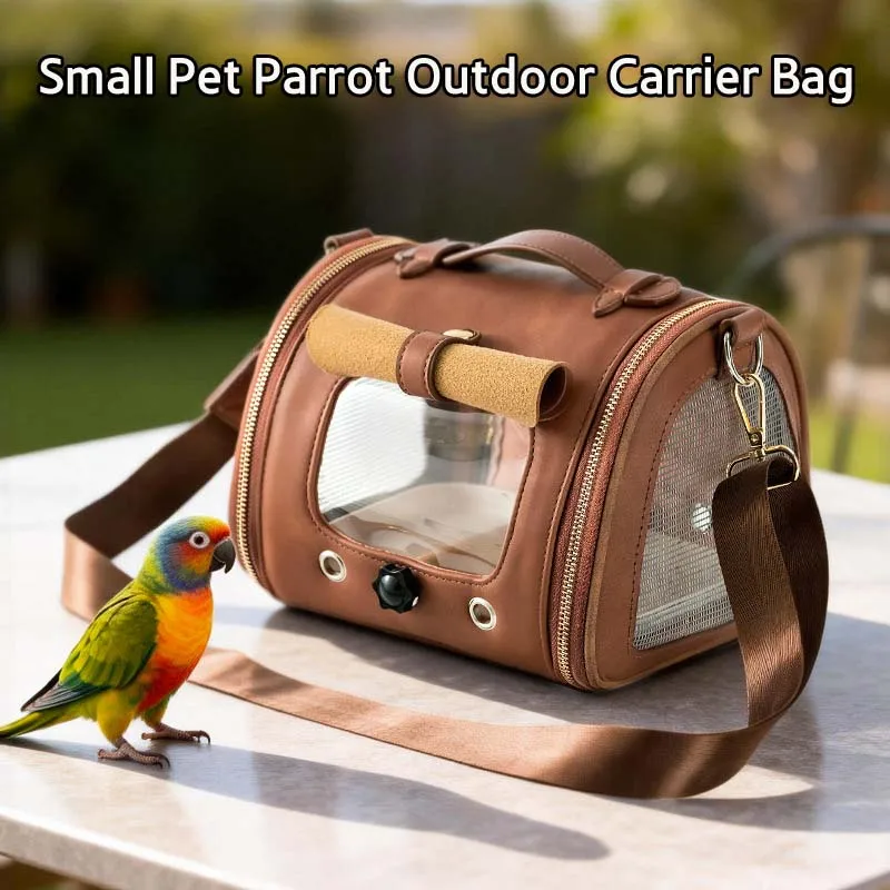 Premium Brown PU Leather Pet Travel Carrier Bag, Portable Breathable Bird Parrot Hamster Travel Handbag with Shoulder Strap
