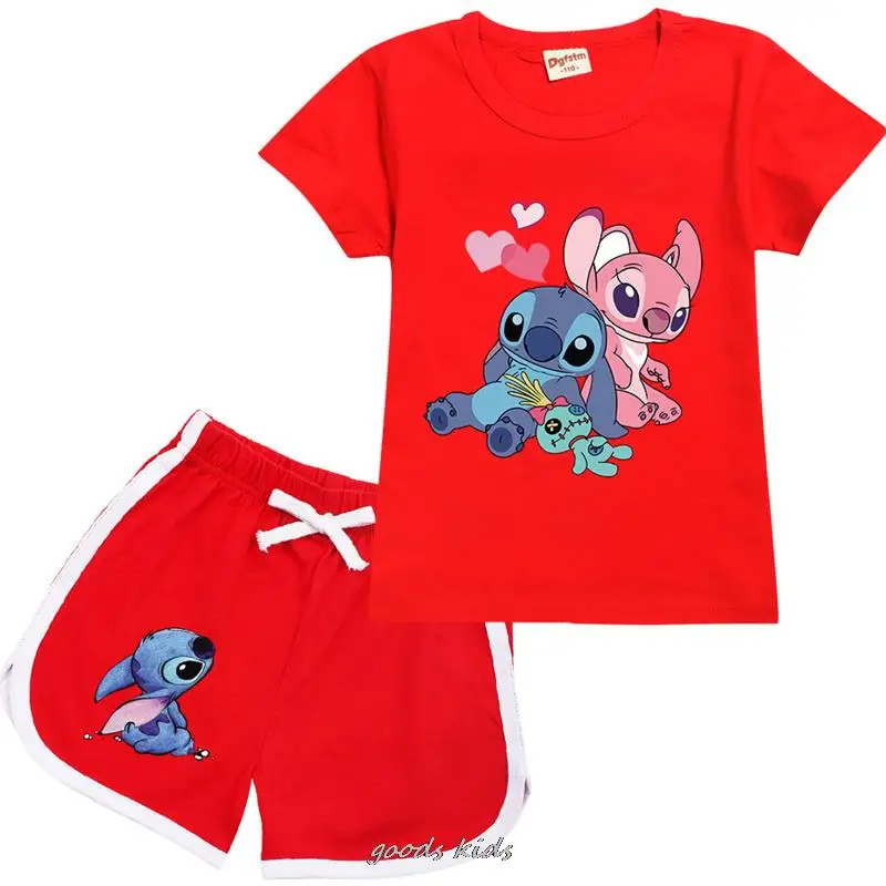 Lilo And Stitch t-shirt per bambini estate nuovi bambini abbigliamento per ragazze di cotone pantaloni a maniche corte per bambini vestito a due