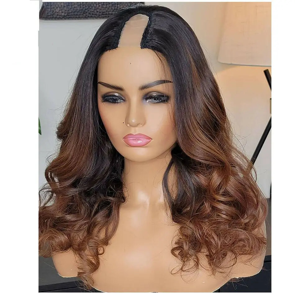 Body Wavy Dark Roots Ombre Golden Brown Human Hair Full Machine Made V Part Wigs for Black Women Top Quality Adjustable U Parts