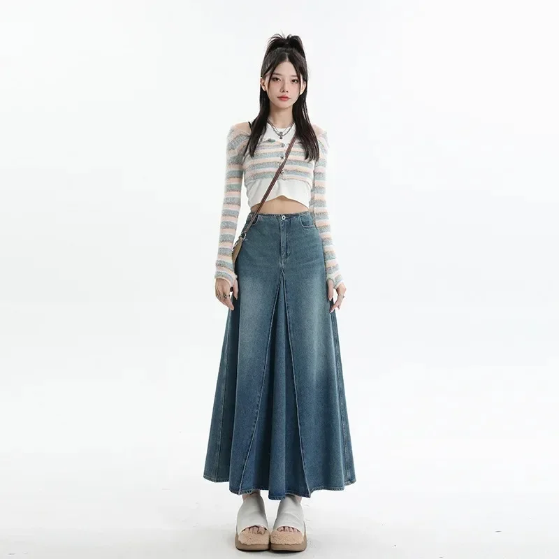 

Spring Autumn Retro Feng Shui Washed Denim Half Body Skirt.New High-waisted A-line Big Swing Patchwork Long Skirt Hem for Women
