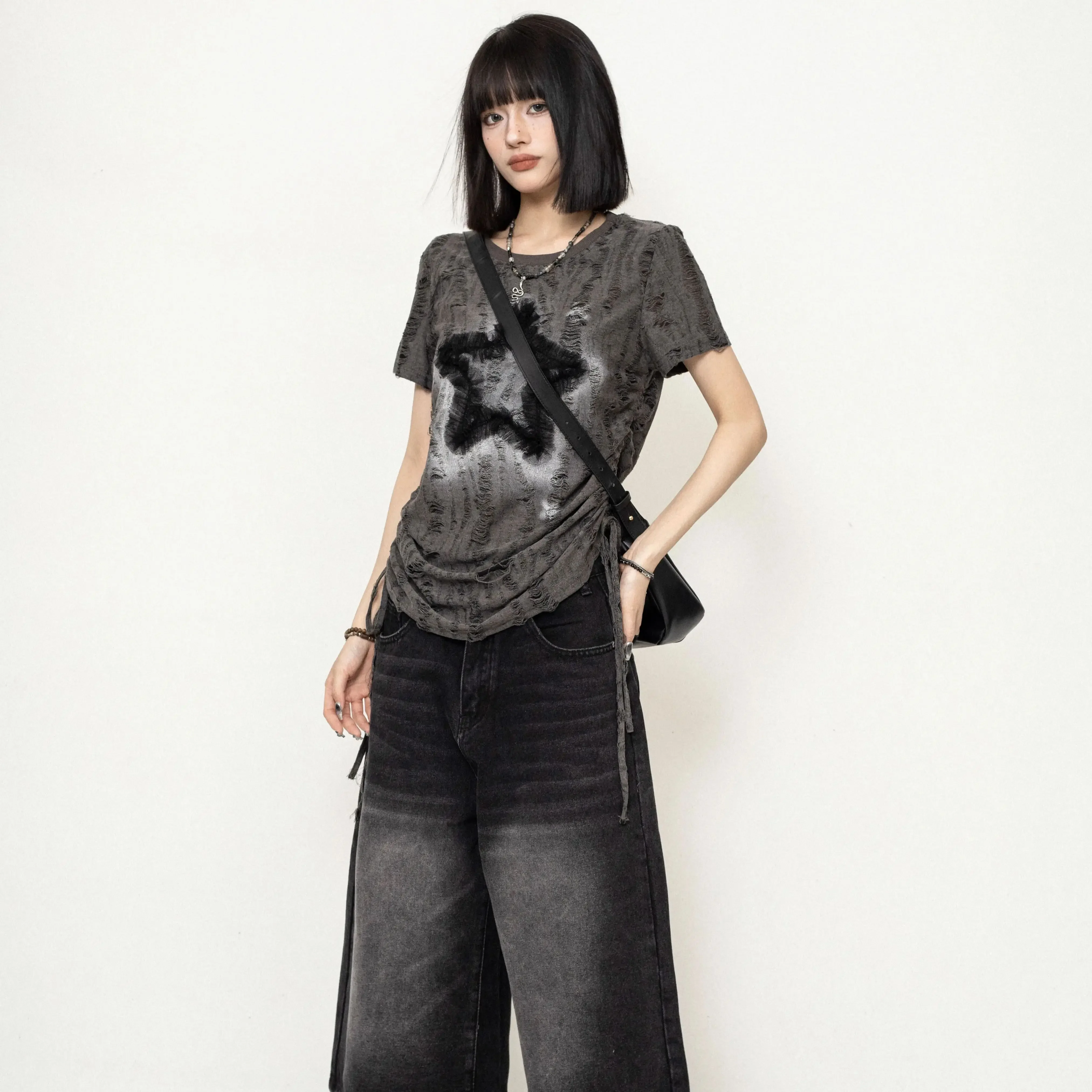 IMU Women Star Printed Subculture Y2k T-shirt Japanese Gothic Grunge Short Sleeved Tshirt Pullover High School Punk Girls Tee Sh