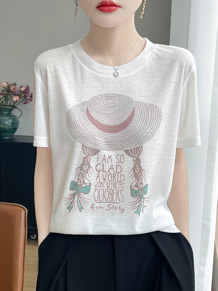 Dopasowany T-shirt z okrągłym dekoltem, chłodzący, z nadrukiem na czapce, wygodny, oddychający, letni, modny damski top z dzianiny.